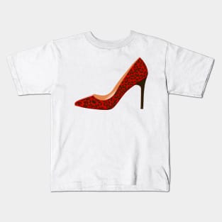 Red Leopard Print High Heel Shoe Kids T-Shirt